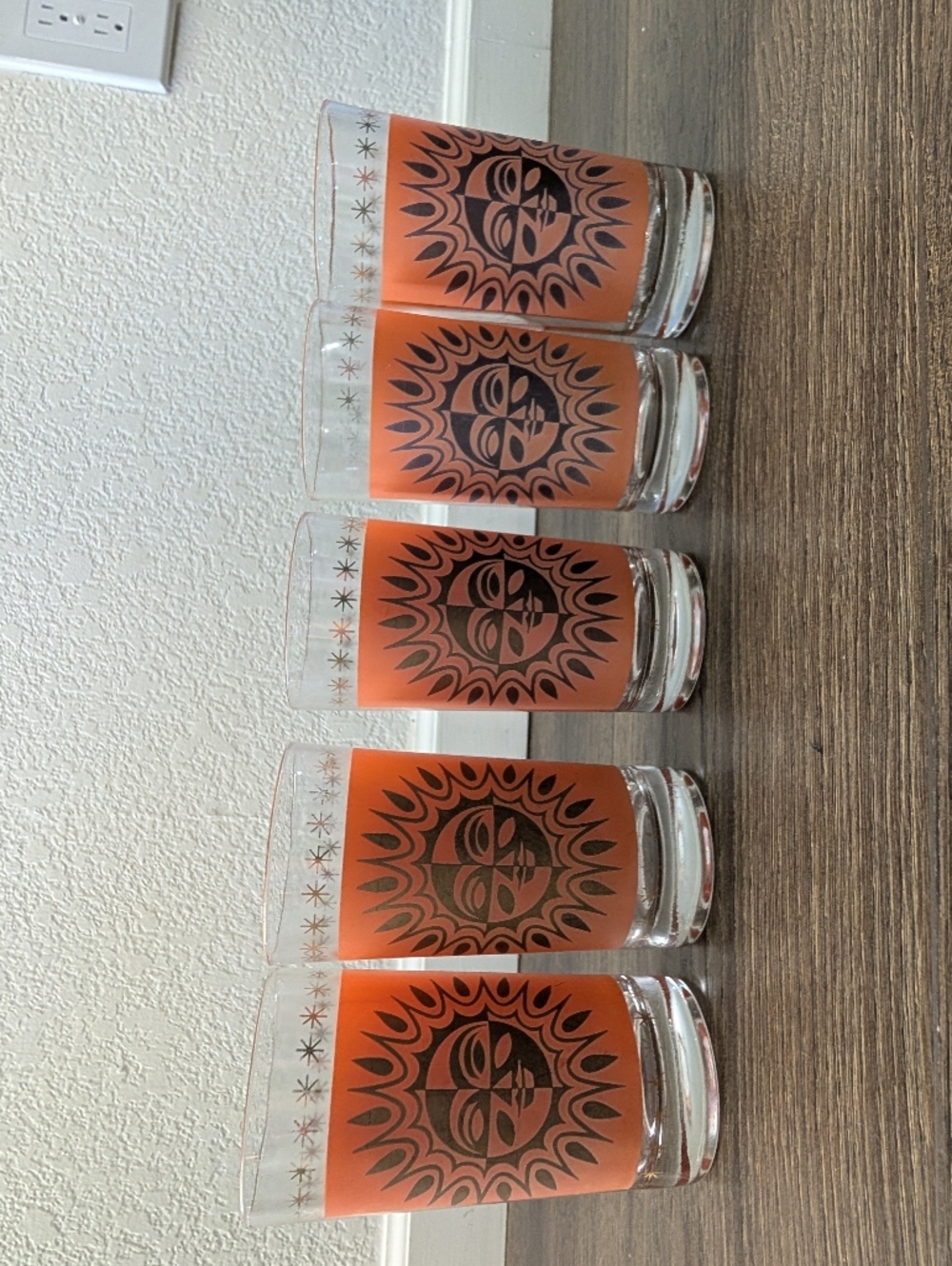 Jeannette Glass Aztec Orange & 22 Karat Gold Sunburst Highball Glasses Set of 5